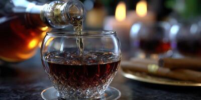 Sipping whiskey in an intimate setting with soft lighting and rich aromas photo