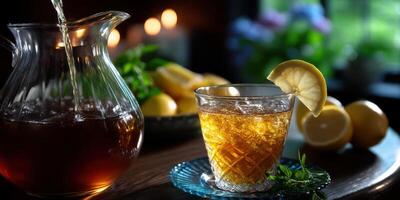 Refreshing iced tea served in a glass with lemon slice near a pitcher on a wooden table in a cozy setting photo