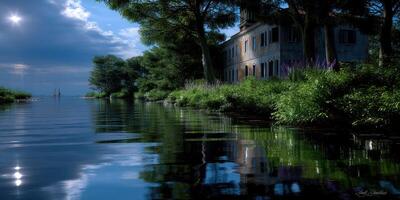 Stunning waterscape showing serene reflections of trees and a historic building under a cloudy sky at twilight photo