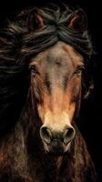 Majestic horse with flowing mane stands against dark backdrop in serene moment of stillness photo