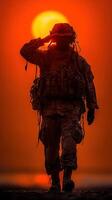 Soldier saluting at sunset with warm tones and strong silhouette against the horizon photo
