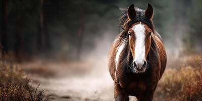 Horse walks through misty forest landscape during early morning light in serene natural surroundings photo
