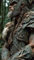 Warrior in intricate armor stands amidst dense forest, showcasing detailed craftsmanship and fierce expression during the day photo
