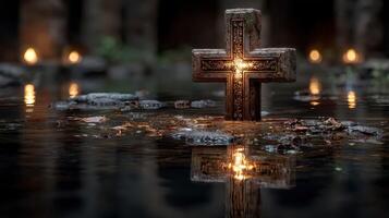 Stone cross illuminated by candlelight reflects in calm water at dusk near ancient ruins photo