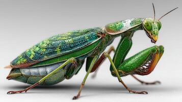 Close-up view of a colorful green praying mantis showcasing intricate details during daylight photo