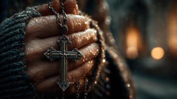Hands holding a silver cross pendant while praying in a dark and moody setting with warm light in the background photo