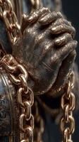 Artistic representation of intricately detailed hands bound with ornate chains photo