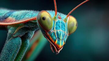 Vibrant close-up of a colorful mantis showcasing intricate details and vivid colors in a natural setting photo