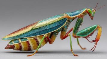 Colorful praying mantis displays intricate patterns and textures in a close-up view under artificial lighting photo