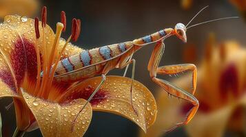 Detailed close-up of a colorful mantis perched on a vibrant flower with water droplets under soft natural light photo