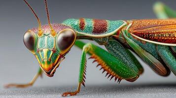 Close-up view of a vibrant green praying mantis with intricate patterns and details in its natural habitat under soft lighting photo