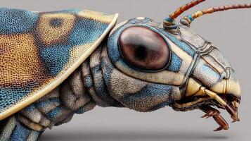 Close-up view of an intricately detailed insect with vibrant colors and textured features showcasing its unique anatomy in a studio setting photo