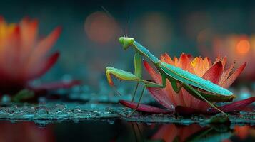 Colorful praying mantis perched on water lily amidst soft evening light and dew drops photo
