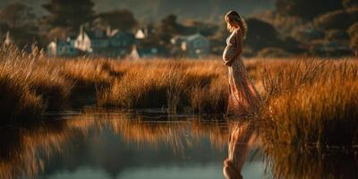 Expecting mother walks through golden grass by serene water at sunset in a tranquil landscape photo