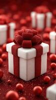 Elegant red and white gift box with bow surrounded by decorative beads on festive background photo