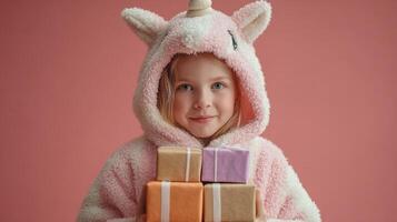 Young girl in unicorn hoodie holds colorful gifts against pink backdrop during a festive celebration photo