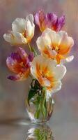 Colorful bouquet of tulips in a clear vase on display against a soft background photo