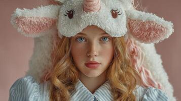 Young girl wearing a fluffy unicorn hat with a serious expression against a pink background photo