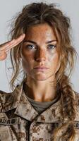 Female soldier saluting with determination in military uniform, showcasing strength and pride in a studio setting photo