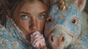 Unique close-up of a girl with unicorn in ornate attire enjoying cotton candy at a festive event photo
