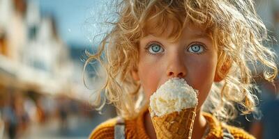 Young child enjoys ice cream cone on sunny day in colorful outdoor market photo