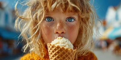 Child enjoying ice cream on a sunny day in a vibrant outdoor setting with clear blue sky photo