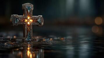 Intricately designed cross rests in still water with soft lights illuminating the surroundings at dusk photo
