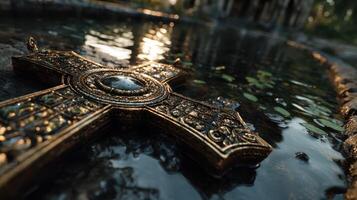 Beautifully detailed ornate cross submerged in tranquil water at a serene outdoor location during golden hour photo
