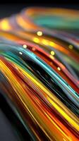 Colorful abstract lines flow gracefully, creating a dynamic display of light and motion in a modern setting photo