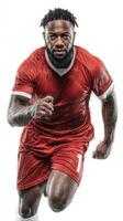 Dynamic athlete in red uniform sprinting with determination during a competitive sports event photo