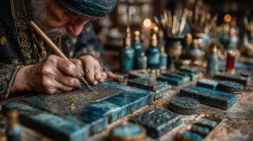 Craftsman delicately inlays intricate designs on beautiful blue stone pieces in a workshop filled with artistry photo