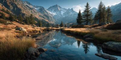 Serene river flowing through mountains with reflections of trees and peaks during golden hour photo