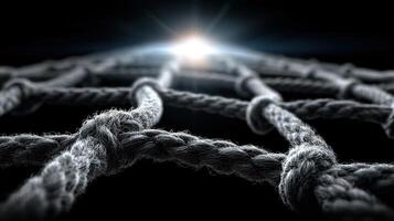 Close-up view of a textured rope network illuminated by distant light against a dark background photo