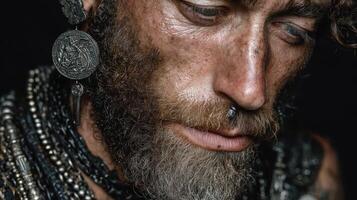 Close-up of a man adorned with jewelry and intricate details in a somber expression while in a dimly lit space photo