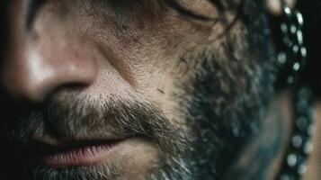 Close-up of a weathered male face showing emotion and experience in a dimly lit environment during an intense moment photo