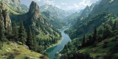 Majestic mountain landscape with a winding river and lush greenery under a clear sky photo