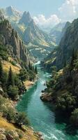 Majestic river flows through rocky mountains and lush greenery under a clear blue sky photo