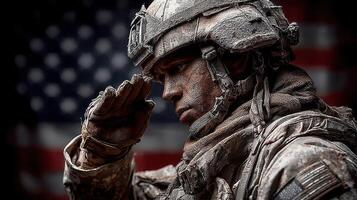 Soldier saluting against a backdrop of the American flag during a commemorative event outdoors photo