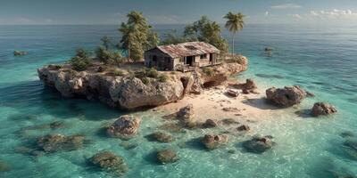 Remote tropical island with a rustic cabin surrounded by clear turquoise waters and lush greenery under a sunny sky photo