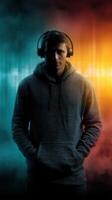 Person wearing headphones in a dark setting with colorful lighting effects and a focused expression on their face photo