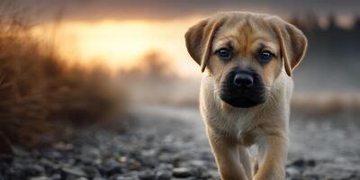 Curious puppy explores a gravel path during golden hour at a tranquil outdoor setting near the forest photo