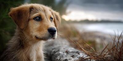 Curious puppy gazes at the ocean during a cloudy late afternoon on the beach photo