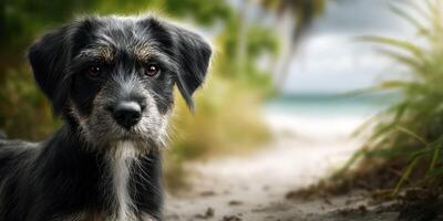 Dog on a sandy path near the beach surrounded by greenery during a cloudy day in the afternoon light photo