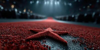 Red carpet event featuring star symbol and an elegant venue illuminated by dramatic lights photo