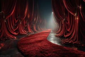 Elegant red carpet leading through velvet curtains in a dimly lit theater setting at night photo