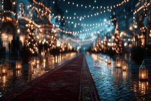 Festive evening with illuminated path and decorations in a charming town square during winter photo