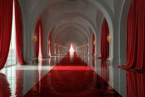Elegant corridor with red drapes and reflections in a grand hall at twilight photo