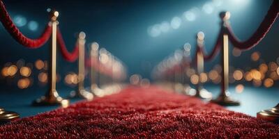 Red carpet event with golden rope barriers and soft bokeh lights in the background photo