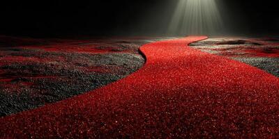 Red pathway illuminated by soft light in a dark environment creates a surreal and captivating atmosphere photo