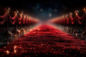 Elegant red carpet pathway leads to a prestigious event with glowing lights in a glamorous setting photo